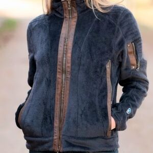 KUHL MOTO-VATION Zip-Front Women's Fleece Jacket - Black with Brown Trim Lg